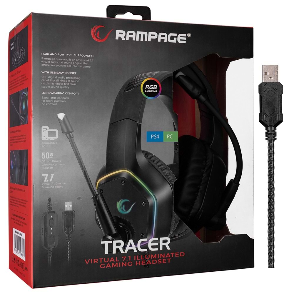 Rampage RM-K33 X-TRACER USB 7.1 Surround RGB Işık Efektli Gaming Oyuncu Mikrofonlu Kulaklık