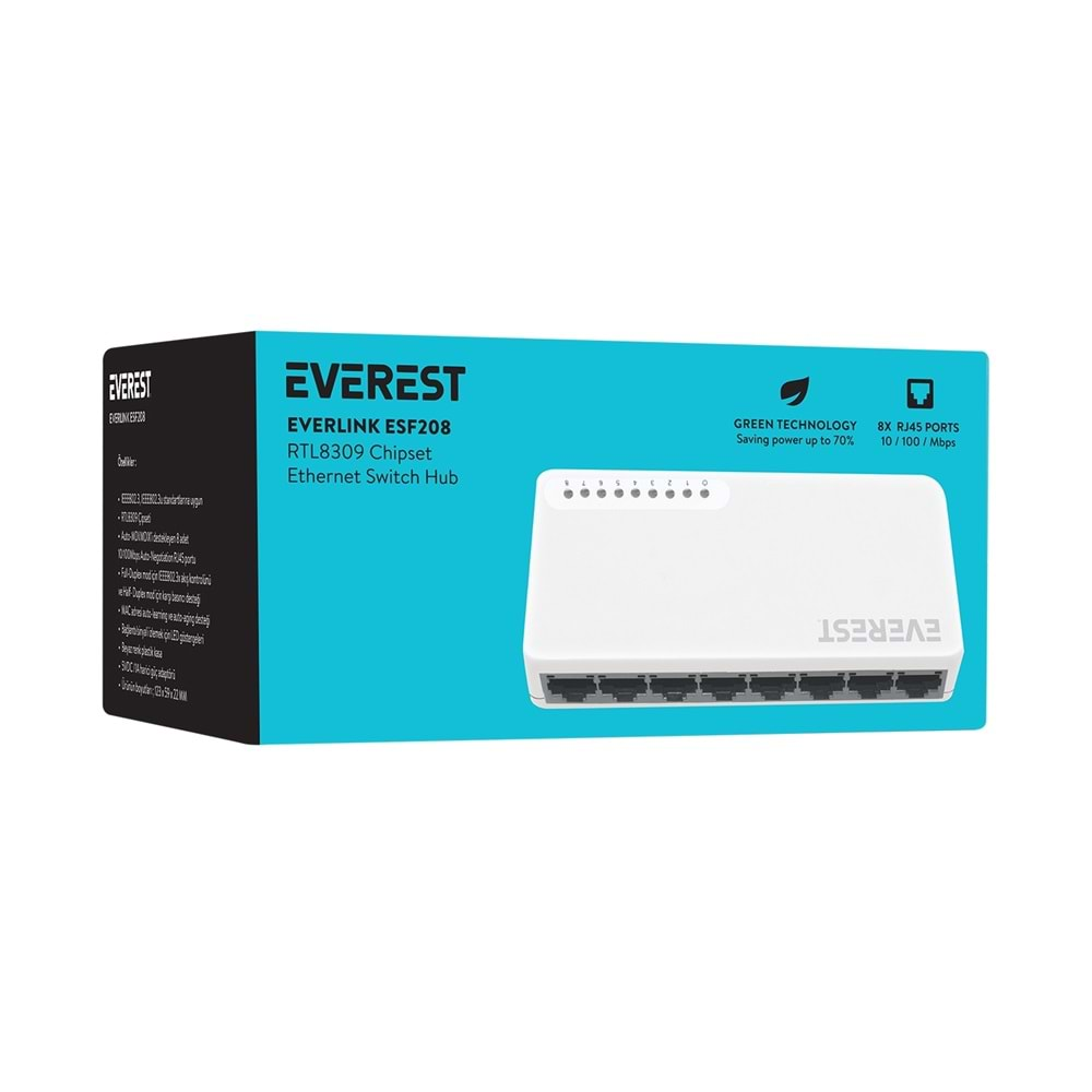 Everest EVERLINK ESF208 8 Port 10/100Mbps RTL8309 Chipset Fast Ethernet Masaüstü Switch Hub