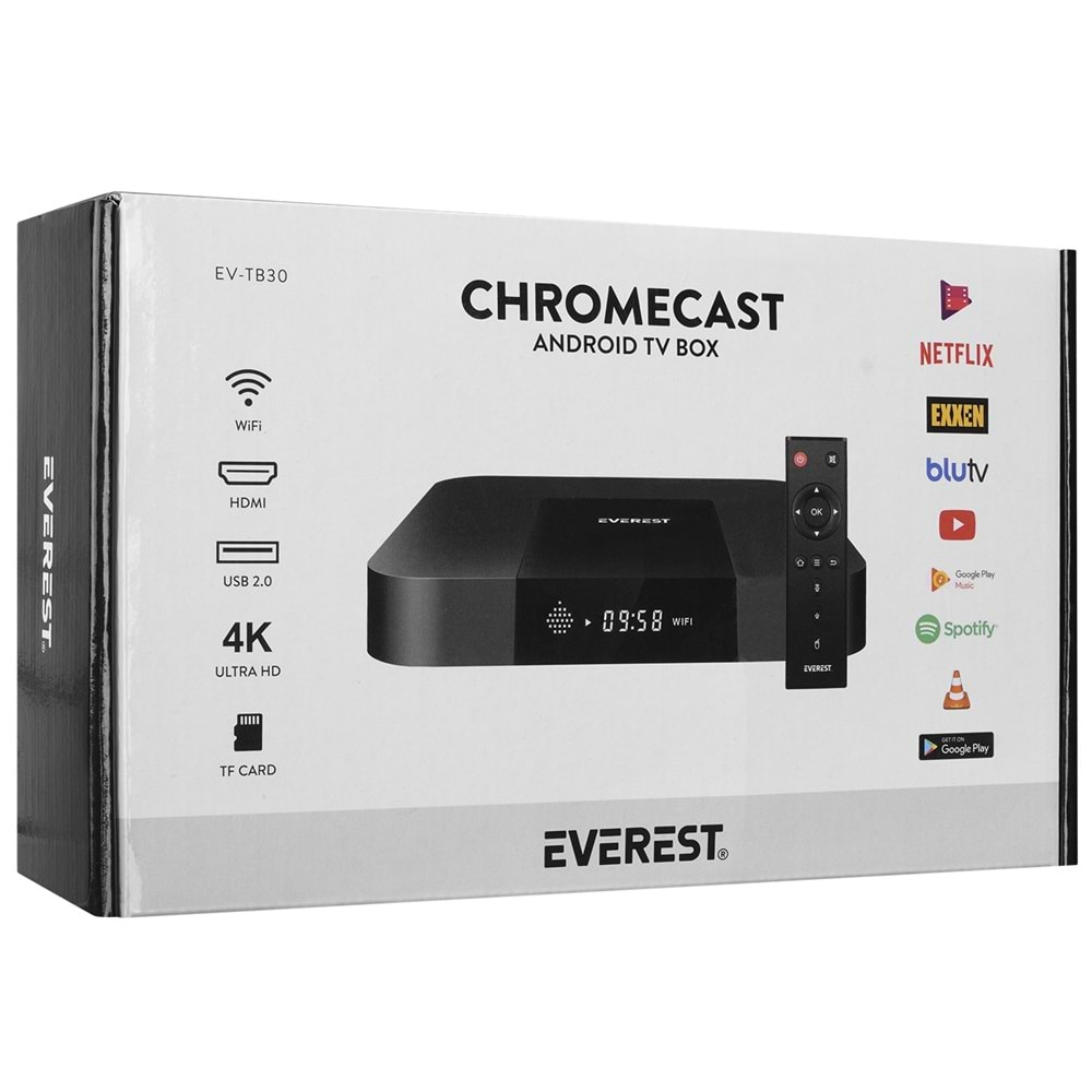 Everest EV-TB30 Amlogic 905W Işlemci 2G RAM+16 Dahili Hafizasi Wifi+ Quad core ARM Cortex-A53 Kumandalı Android TV Box