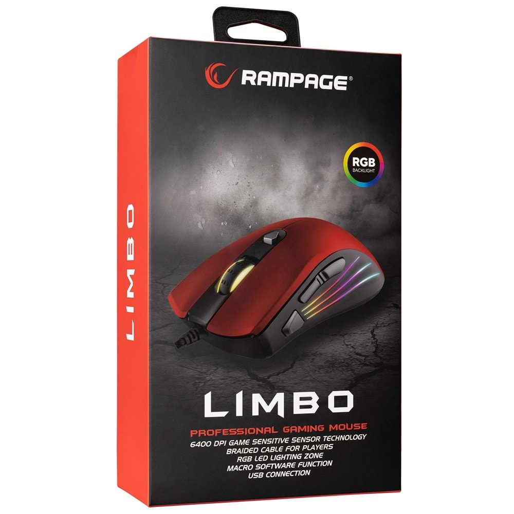 Rampage SMX-R33 LIMBO Makrolu Siyah/Kırmızı 6400dpi RGB Gaming Oyuncu Mouse