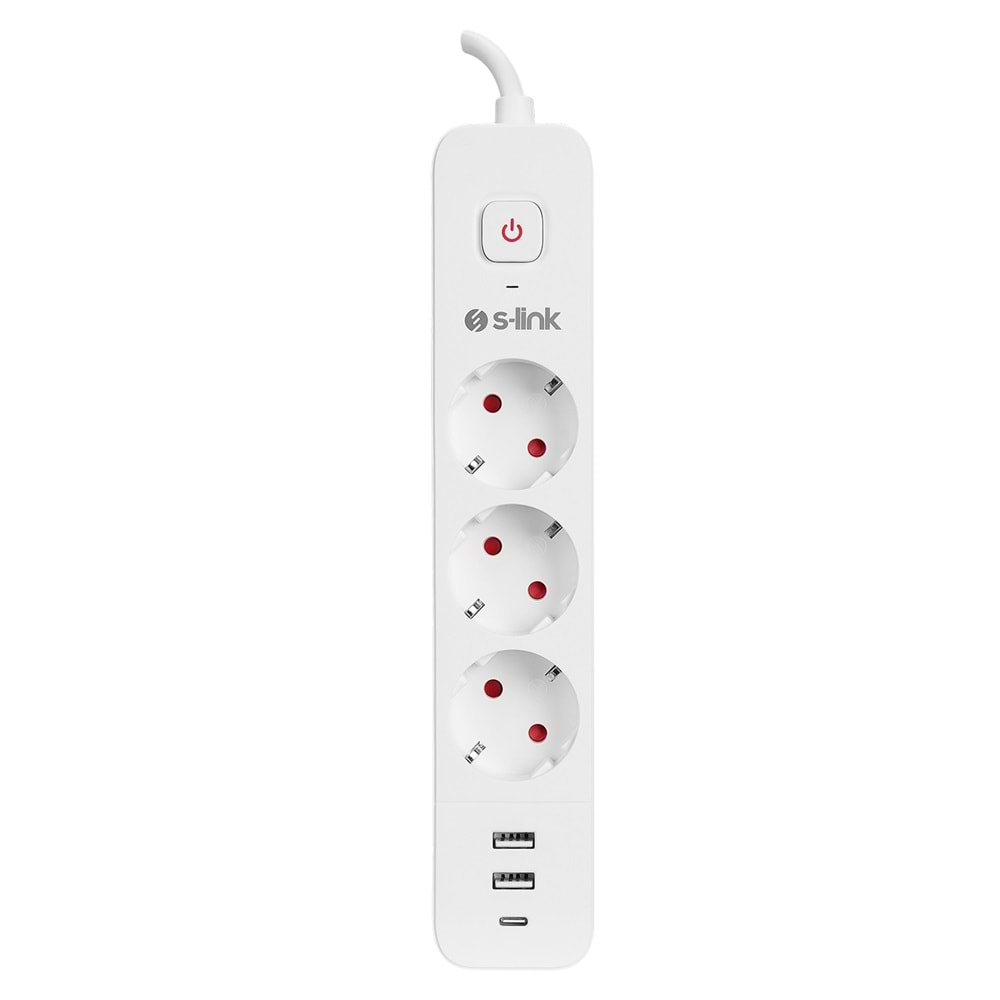 S-link SPG03TC 2 Usb +1Type C 5V2.4A 1.5m 3x1.00mm 100% Bakır 750 Joule 3 lü Anahtarlı Akım Korumalı Beyaz Priz