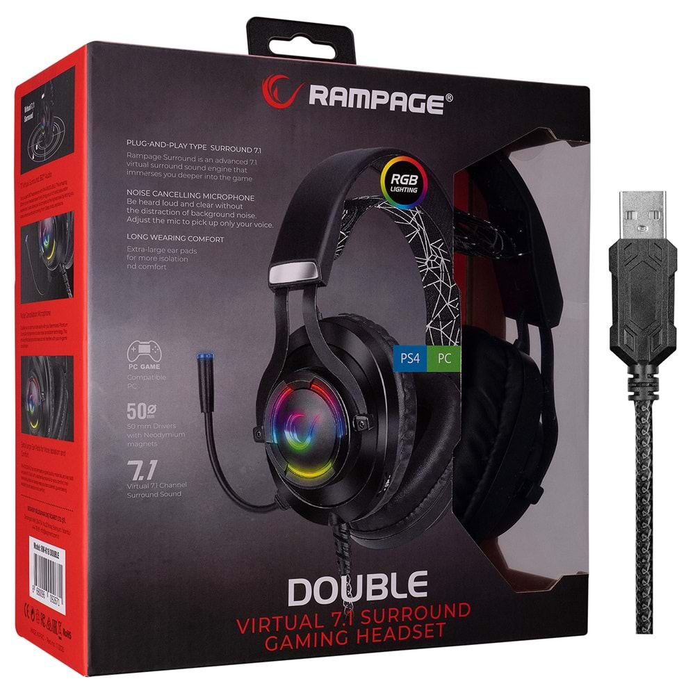 Rampage RM-K18 DOUBLE Siyah Usb 7.1 RGB Ledli Gaming Oyuncu Mikrofonlu Kulaklık