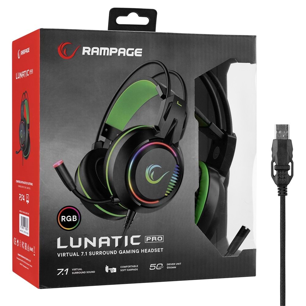 Rampage RM-K25 LUNATIC PRO Siyah/Yeşil USB 7.1 Surround RGB Işık Efektli Gaming Oyuncu Mikrofonlu Kulaklık