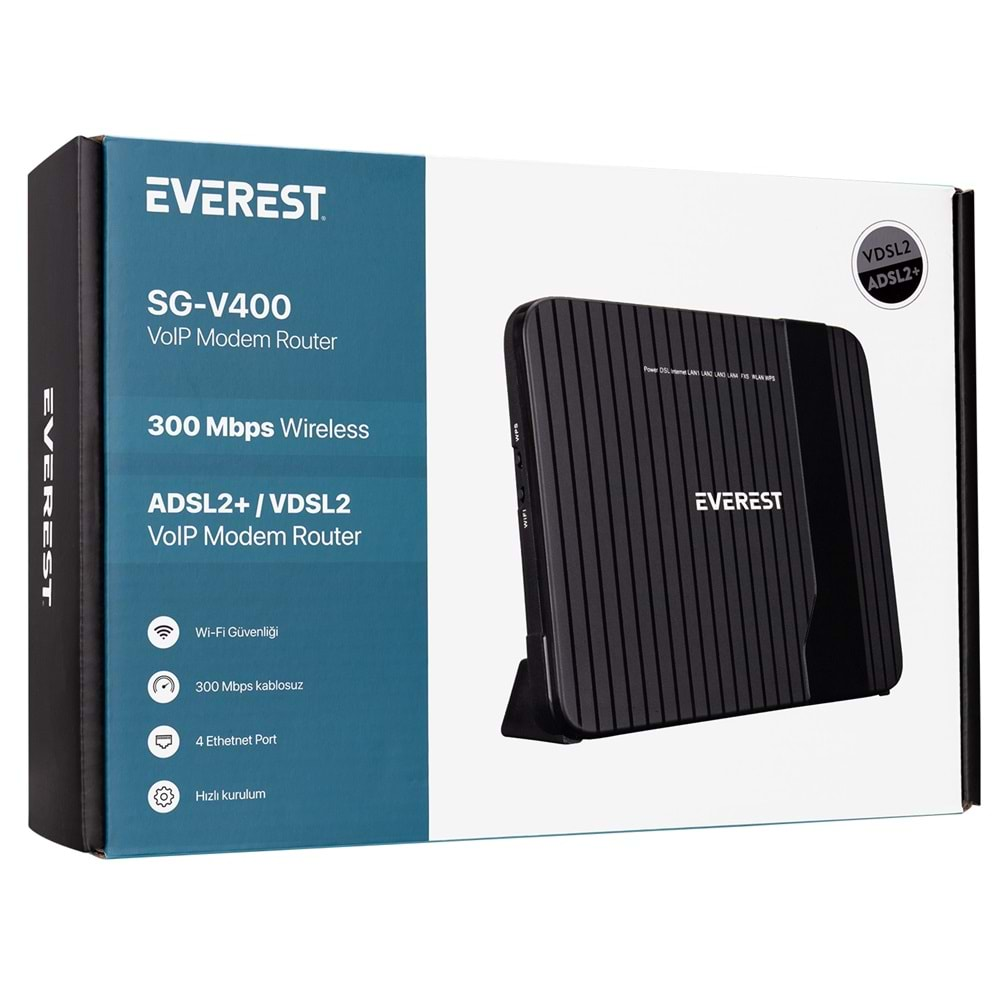 Everest SG-V400 2.4GHz 300Mbps ADSL2+/VDSL2 2*5dBi Dahili Antenli VoIP Destekli Kablosuz Modem Router