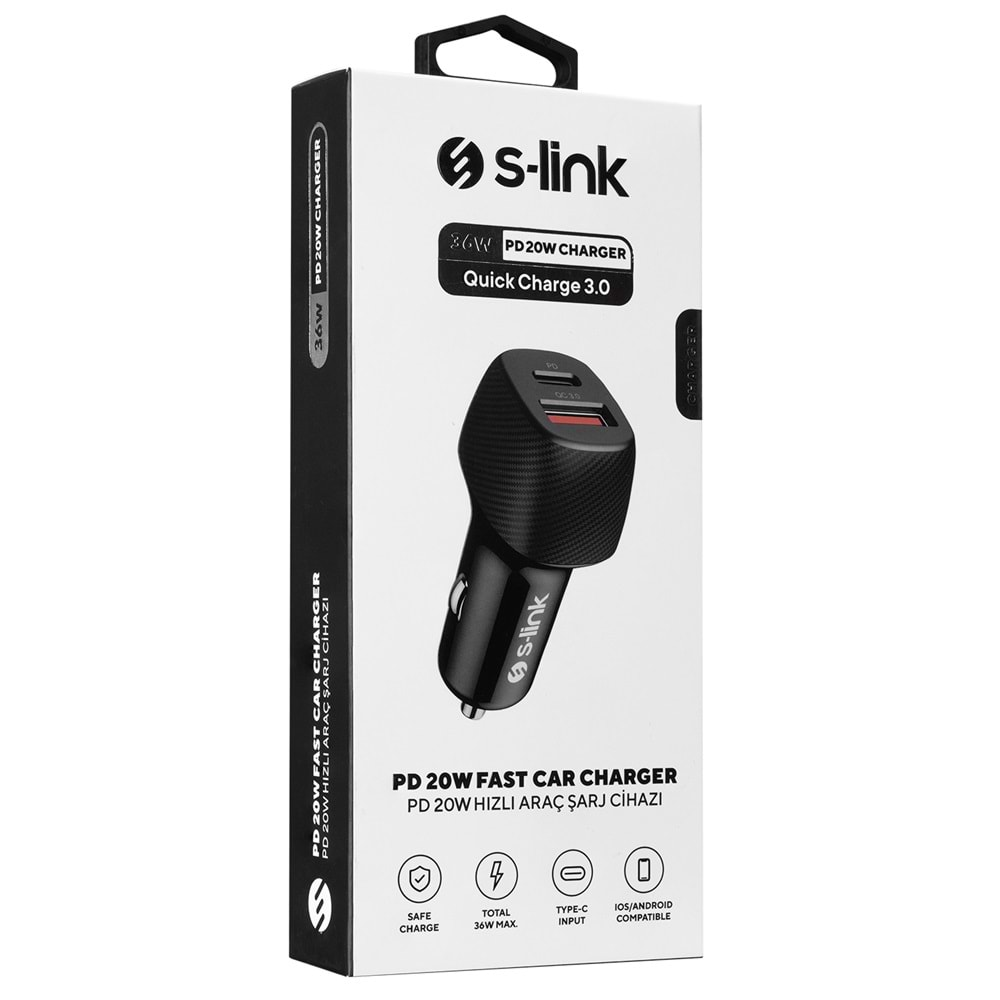 S-link SL-AC51PD 36W PD 3.0 Lightining 3.4A Hızlı Şarj PD 18 W+USB QC 3.0 Siyah Araç Şarj Cihazı