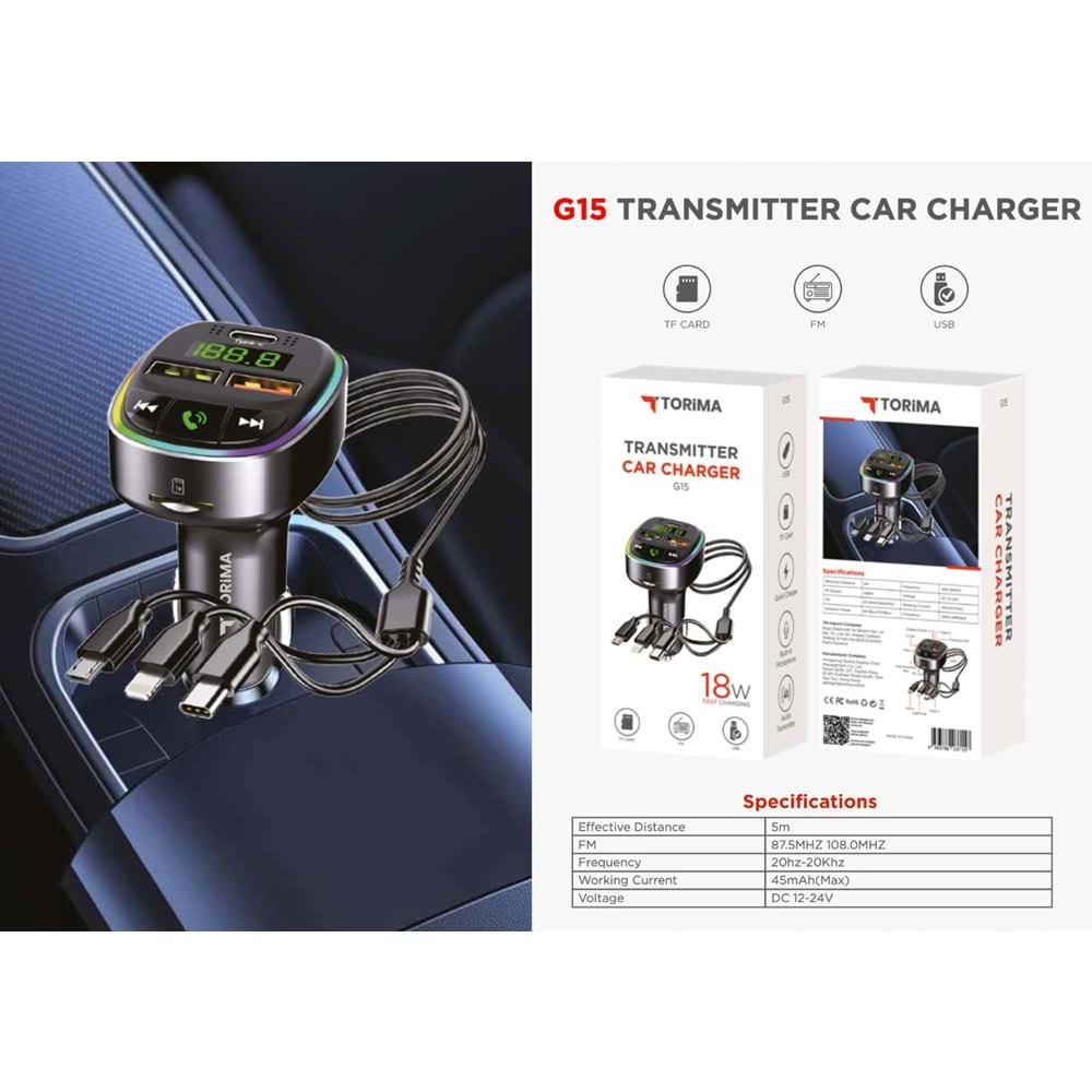 Torima G15 Fm Transmitter 18w Araç Şarj Adaptörü