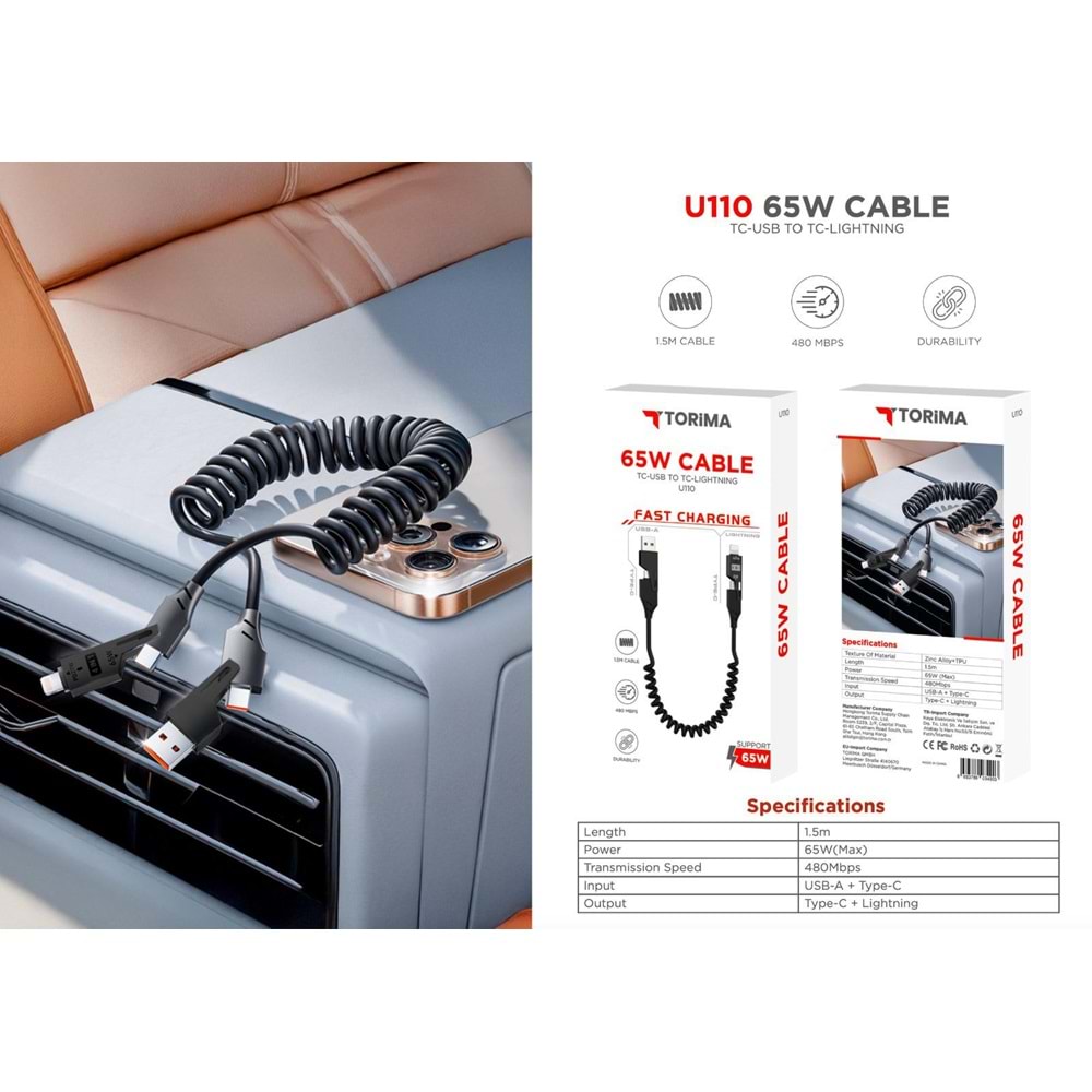 Torima U110 Siyah 4'ü 1 arada ( Type-c - Lightning - USB-A) 65 W Super Hızlı Akordiyonlu Şarj Kablosu
