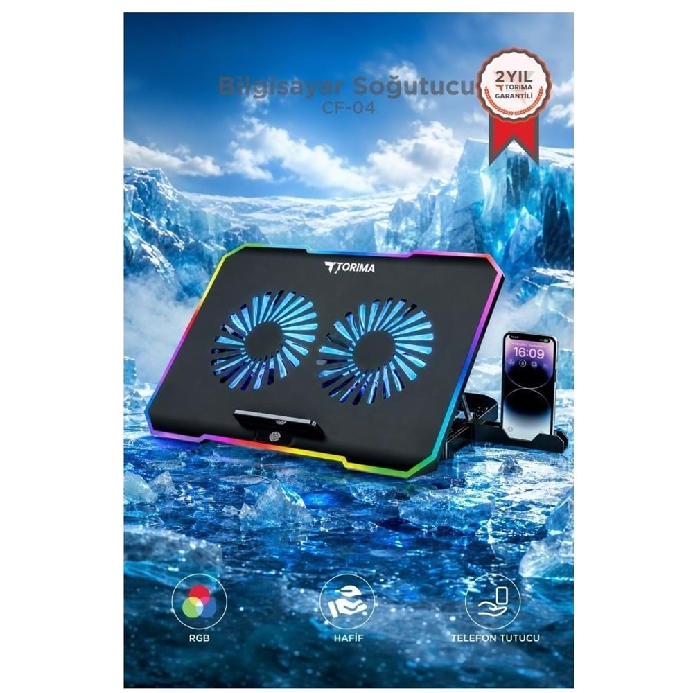 Torima CF-04 Rgb Işıklı Çift Fanlı Laptop Soğutucu Telefon Standlı