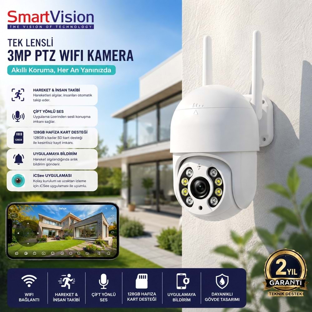 Smartvision Sv-225ip 3Mp Ptz Tekli Dome Kamera icsee