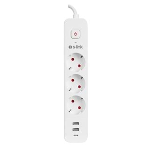 S-link SPG03TC 2 Usb +1Type C 5V2.4A 1.5m 3x1.00mm 100% Bakır 750 Joule 3 lü Anahtarlı Akım Korumalı Beyaz Priz