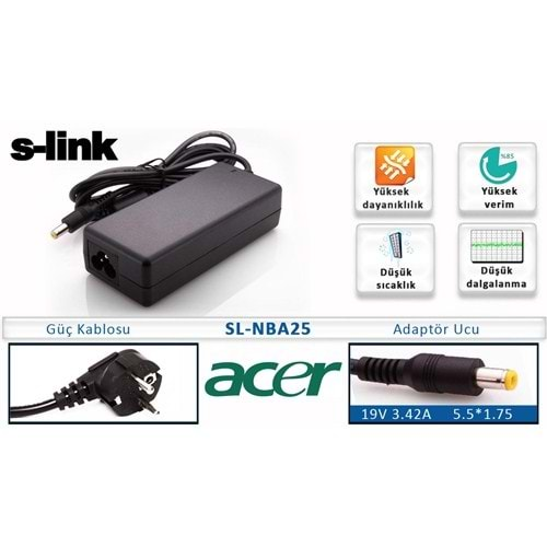 S-link SL-NBA25 19V 3.42A 5.5*1.75 ACER Aspire Notebook Adaptör