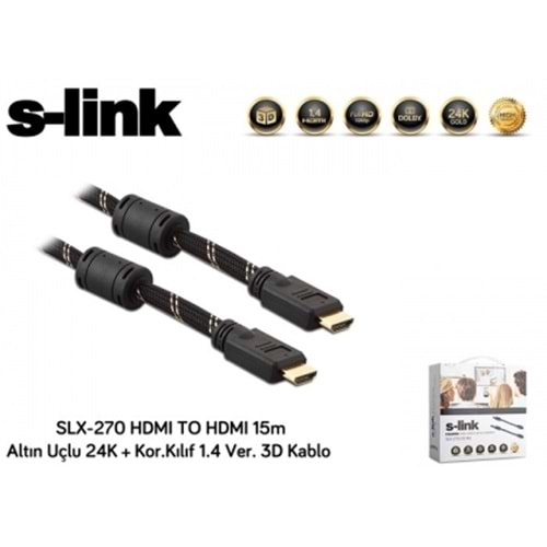 S-link SLX-270 HDMI TO HDMI 15m Altın Uçlu 24K + Kor.Kılıf 1.4 Ver. 3D