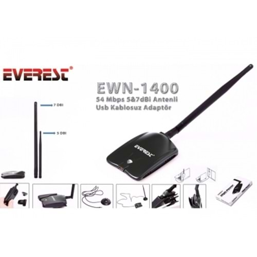 Everest Ewn-1400 54 Mbps Usb 5&7dBi Antenli Kablosuz Adaptör