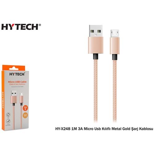 Hytech HY-X248 1M 3A Micro Usb Kılıflı Metal Gold Şarj Kablosu