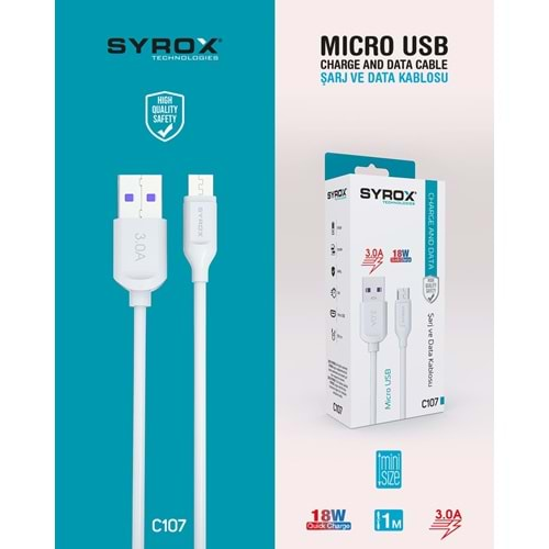 Syrox C107 Mikro 3a Usb Şarj ve Data Kablosu