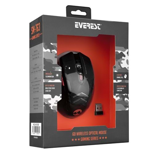 Everest SM-763 Kırmızı 6D 2400 Dpi 2.4 Ghz Siyah Usb Oyuncu Led Aydınlatmalı Kablosuz Mouse