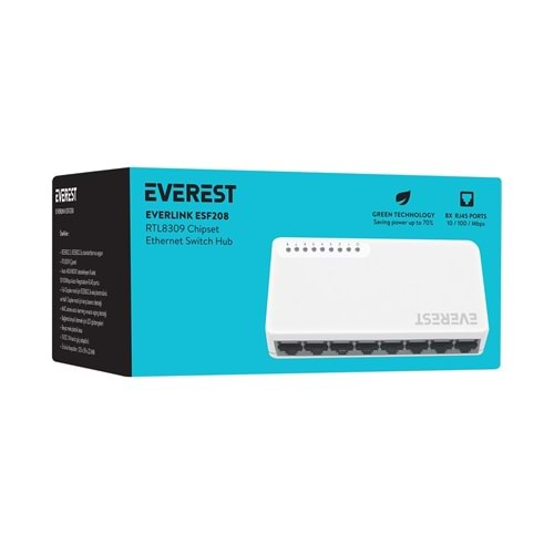 Everest EVERLINK ESF208 8 Port 10/100Mbps RTL8309 Chipset Fast Ethernet Masaüstü Switch Hub