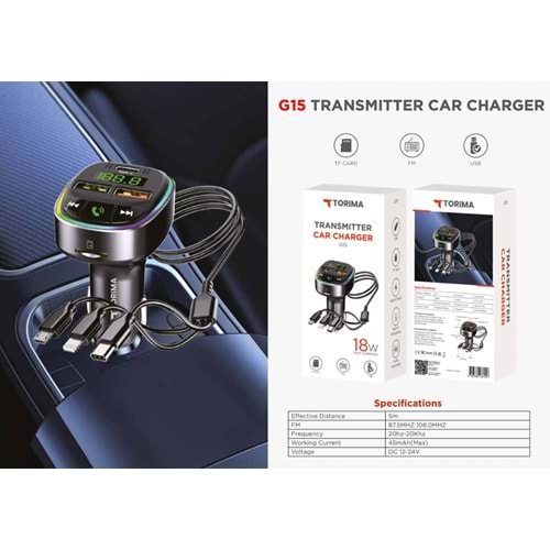 Torima G15 Fm Transmitter 18w Araç Şarj Adaptörü